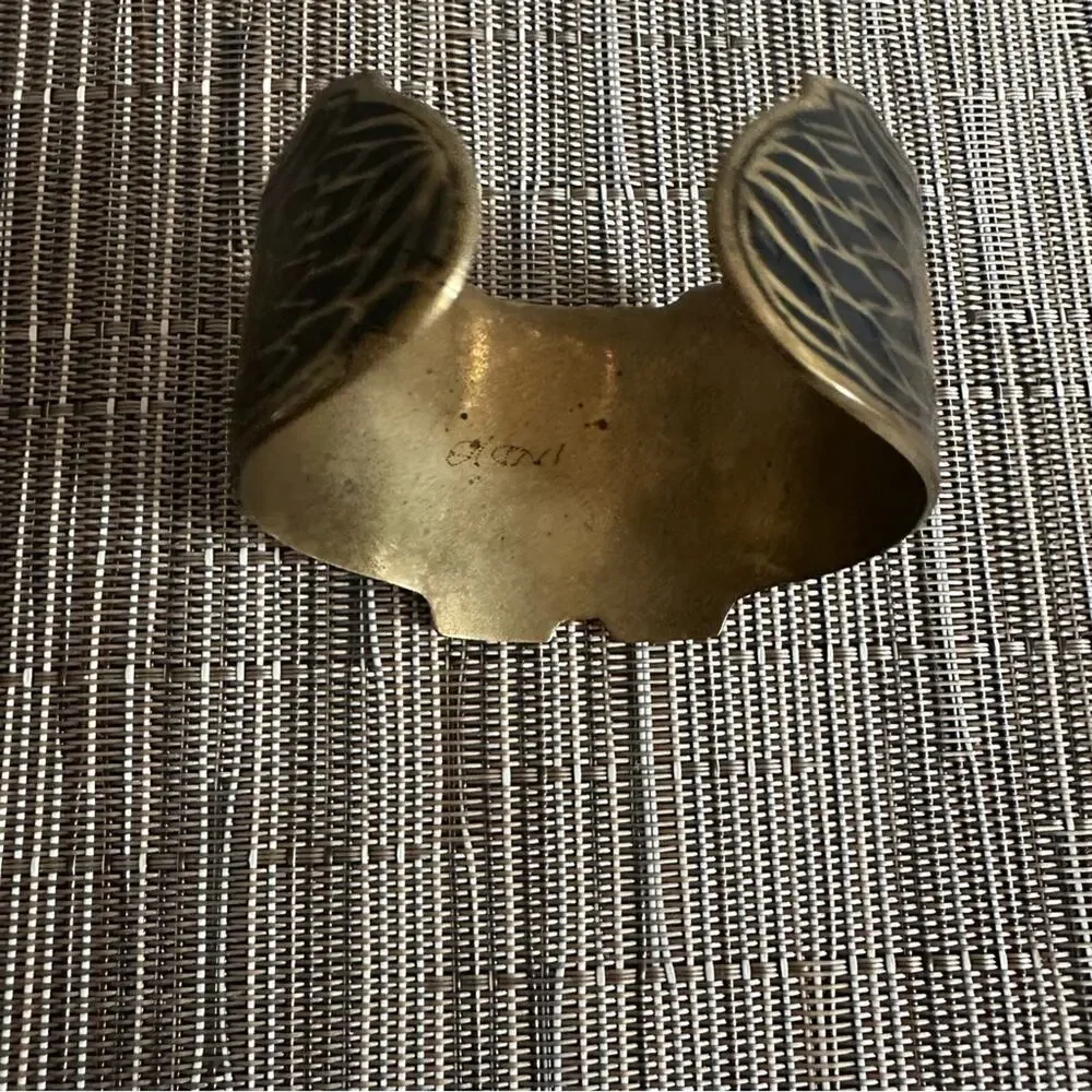 Vintage Brass Owl Cuff Bracelet Enamel India  * flaws 60s 70s 80s